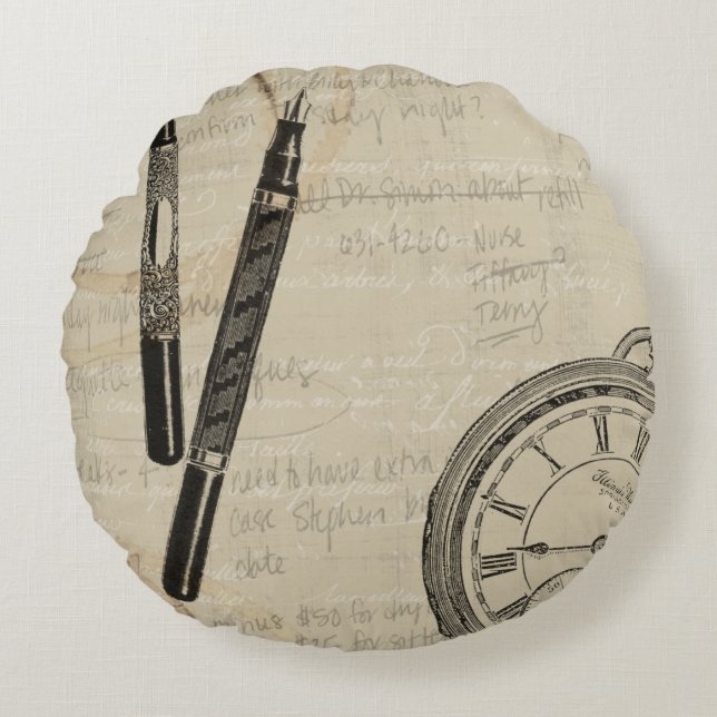 Fountain Pens and Watchface with Notes Round Pillow (Front)