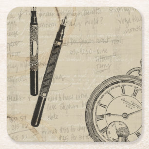 Fountain Pens and Watchface with Notes Square Paper Coaster