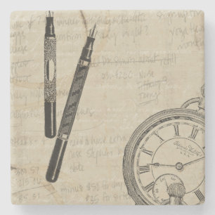 Fountain Pens and Watchface with Notes Stone Coaster