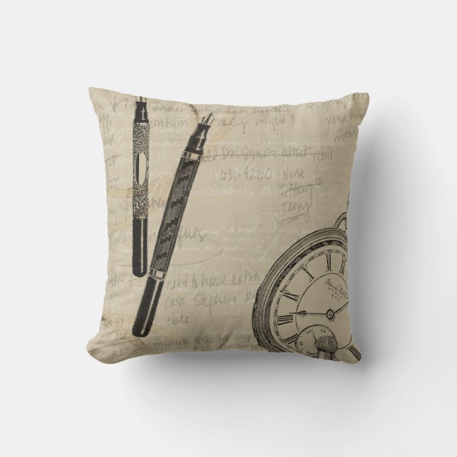 Fountain Pens and Watchface with Notes Throw Pillow (Front)