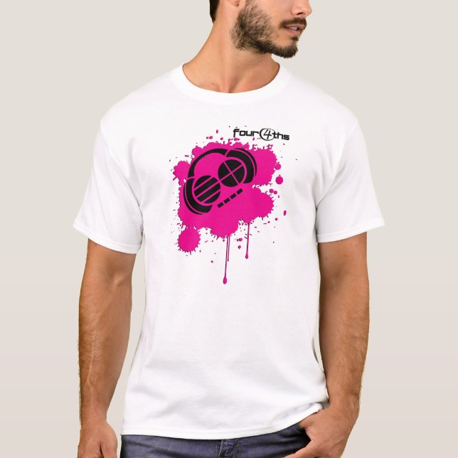 Four4ths :: Pink and Black splatter logo on White T-Shirt (Front)
