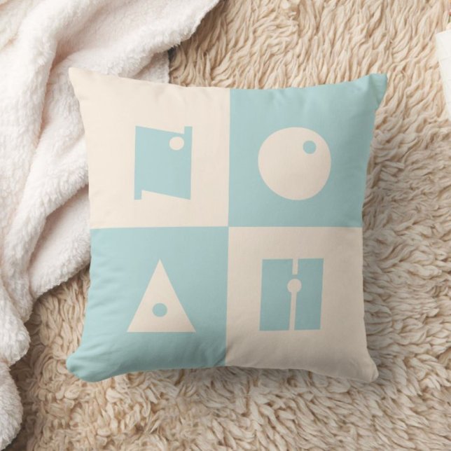 Four 4 letter baby name beige teal nursery throw pillow (Creator Uploaded)