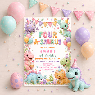 Four-A-Saurus 4th Birthday Party Girl Dinosaur Invitation