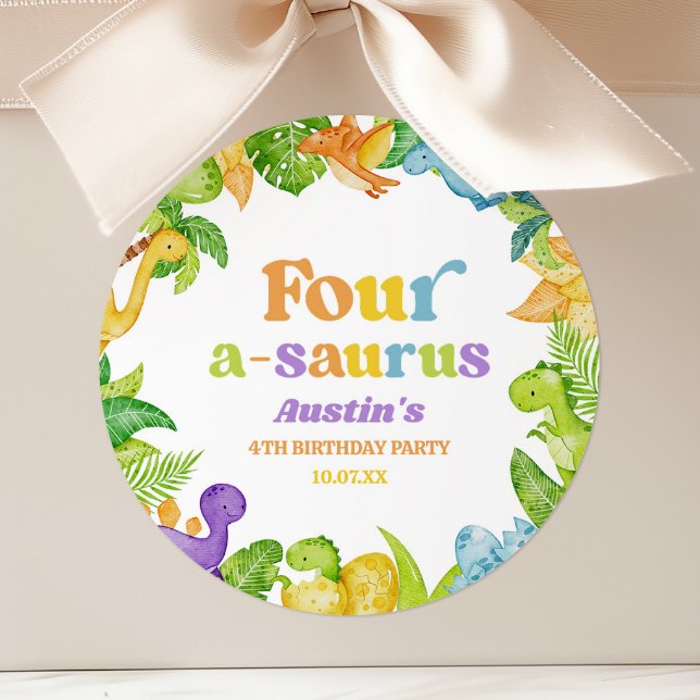 Four A-Saurus Dinosaur 4th Fourth Birthday Party Classic Round Sticker (Creator Uploaded)