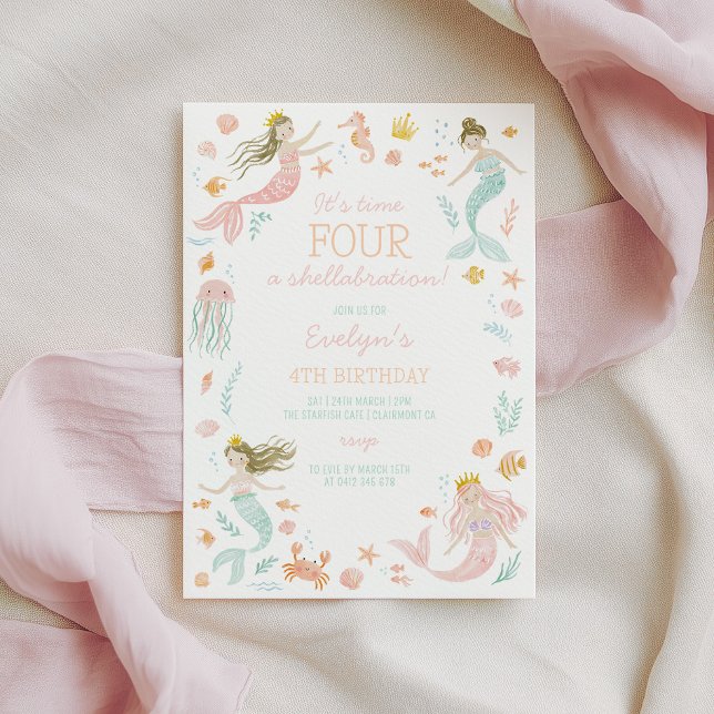 Four a shellabration Mermaid Girls 4th Birthday Invitation (It's time FOUR a shellabration! Mermaid 4th birthday invitation )