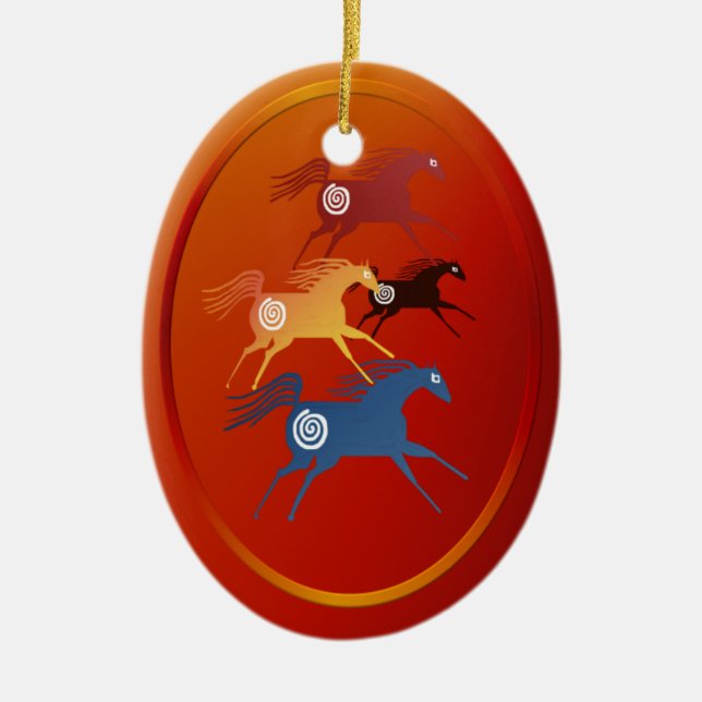 Four Ancient Horses ornament_oval Ceramic Ornament (Front)