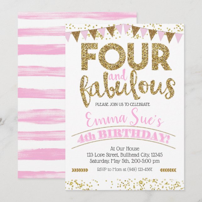Four and Fabulous Girls Pink & Gold 4th Birthday Invitation (Front/Back)