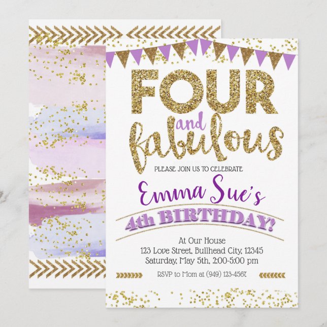 Four and Fabulous Girls Purple 4th Birthday Invitation (Front/Back)