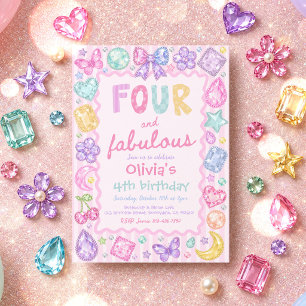 Four And Fabulous Whimsical Gemstone 4th Birthday  Invitation