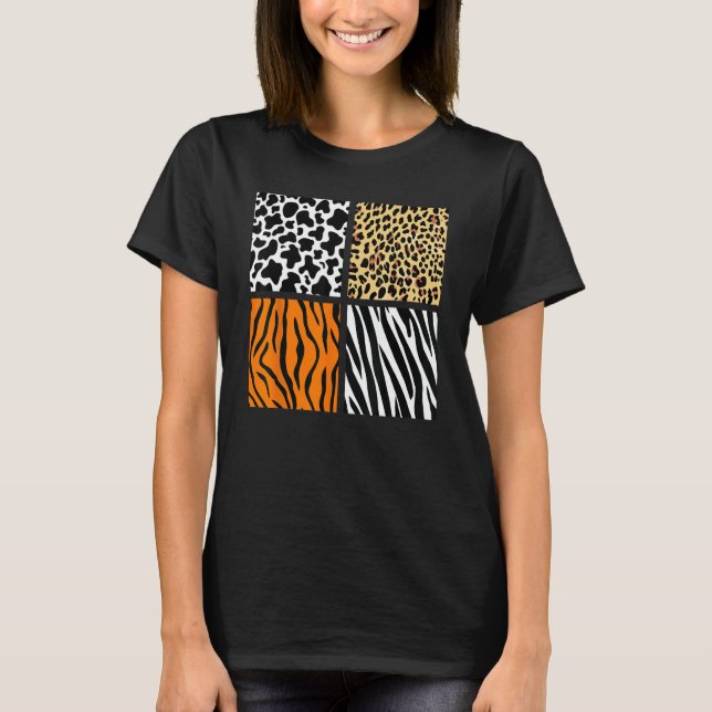 Four Animal Pattern Cow Tiger Leopard Zebra Animal T-Shirt (Front)