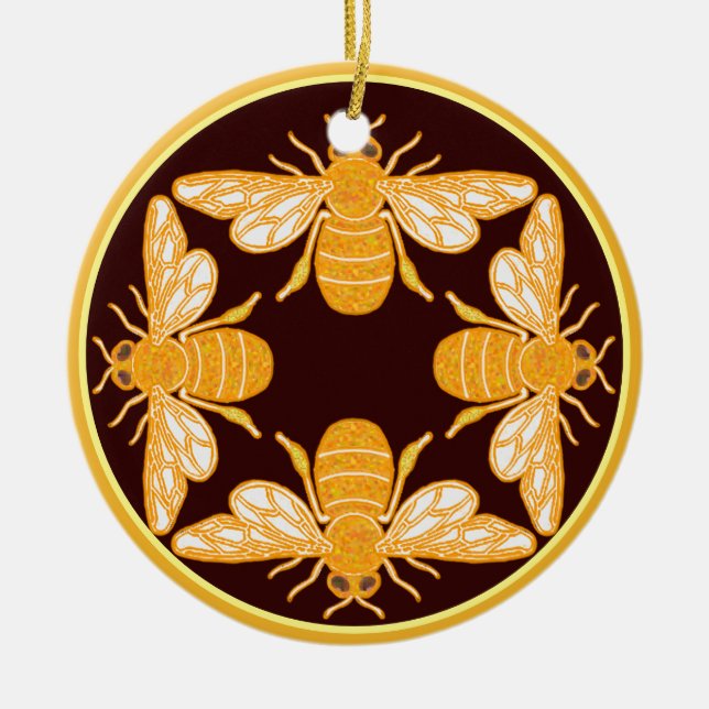 Four bees on dark rich brown gold rim circle ceramic ornament (Front)