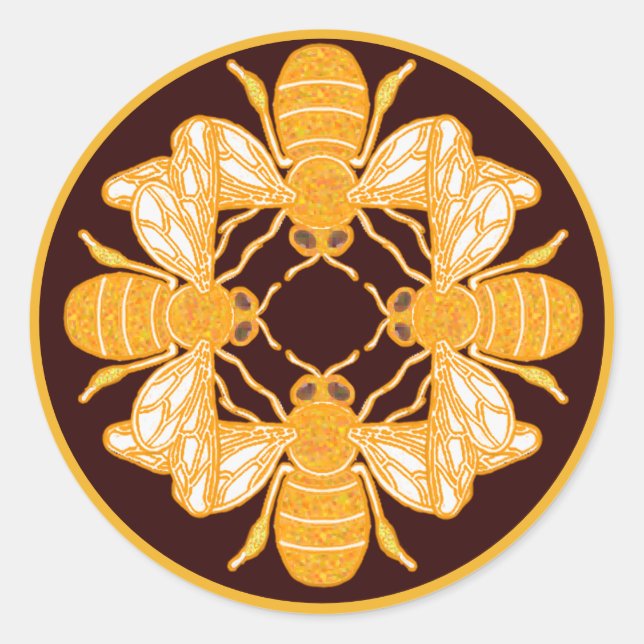 Four bees on dark rich brown gold rim circle classic round sticker (Front)