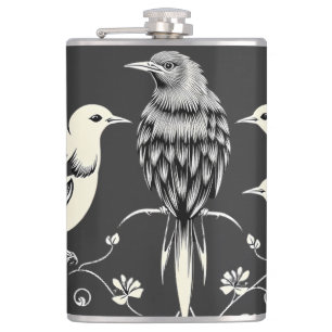 Four Birds on a Branch Illustration Hip Flask