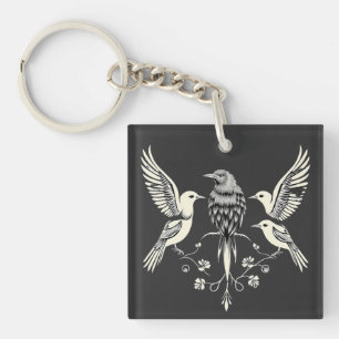 Four Birds on a Branch Illustration Keychain