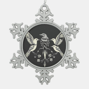 Four Birds on a Branch Illustration Snowflake Pewter Christmas Ornament