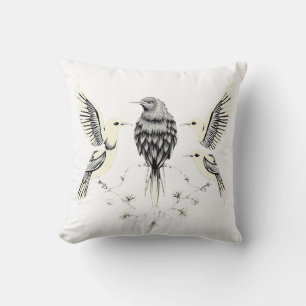 Four Birds on a Branch Illustration Throw Pillow