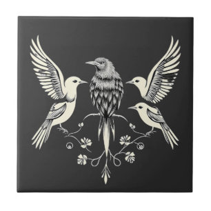 Four Birds on a Branch Illustration Tile