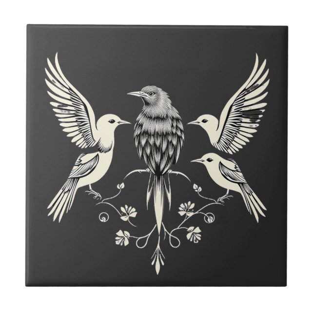 Four Birds on a Branch Illustration Tile (Front)
