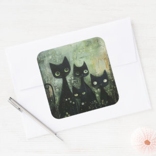 Four Black Cats with Daisies on Mixed Gray Square Sticker