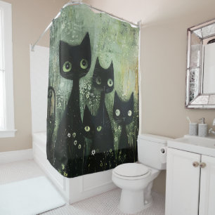 Four Black Cats with Daisies on Mixed Grey