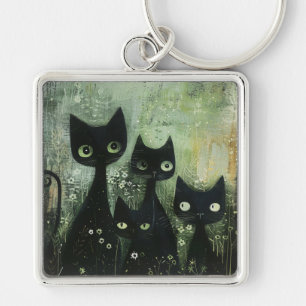 Four Black Cats with Daisies on Mixed Grey Keychain