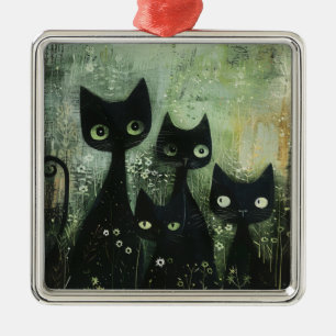Four Black Cats with Daisies on Mixed Grey Metal Ornament