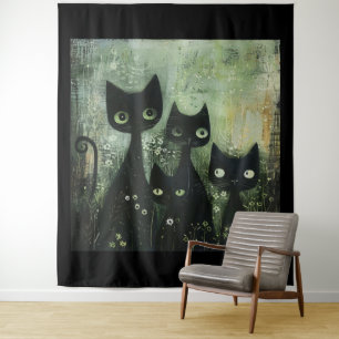Four Black Cats with Daisies on Mixed Grey Tapestry