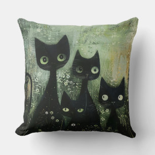 Four Black Cats with Daisies on Mixed Grey Throw Pillow