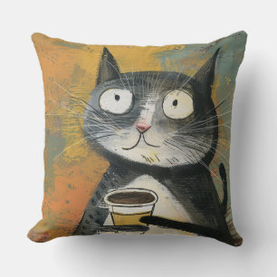 Four Black Cats with Daisies on Mixed Grey Throw Pillow