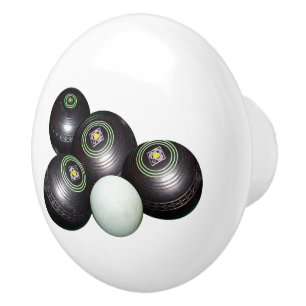 Four Black Vintage Lawn Bowls, Ceramic Knob