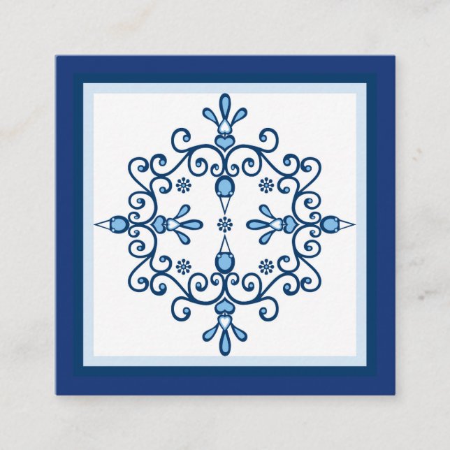 Four blue love birds folk art and blue border square business card (Front)