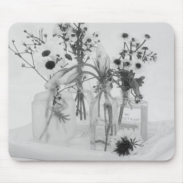 Four Bottles And White Flowers Mouse Pad (Front)
