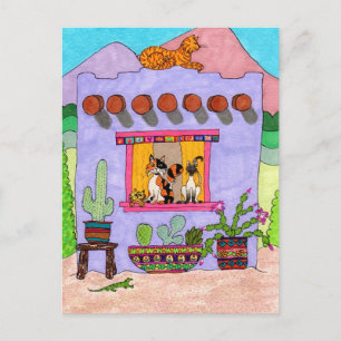 Four Cats at a Purple Adobe House Postcard