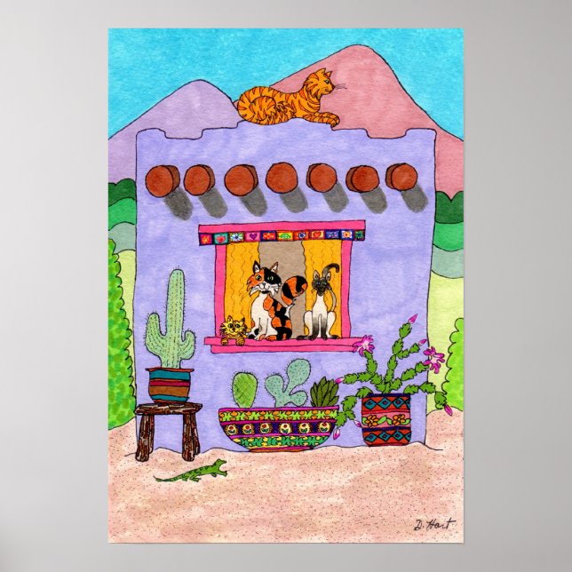 Four Cats at a Purple Adobe House Poster (Front)