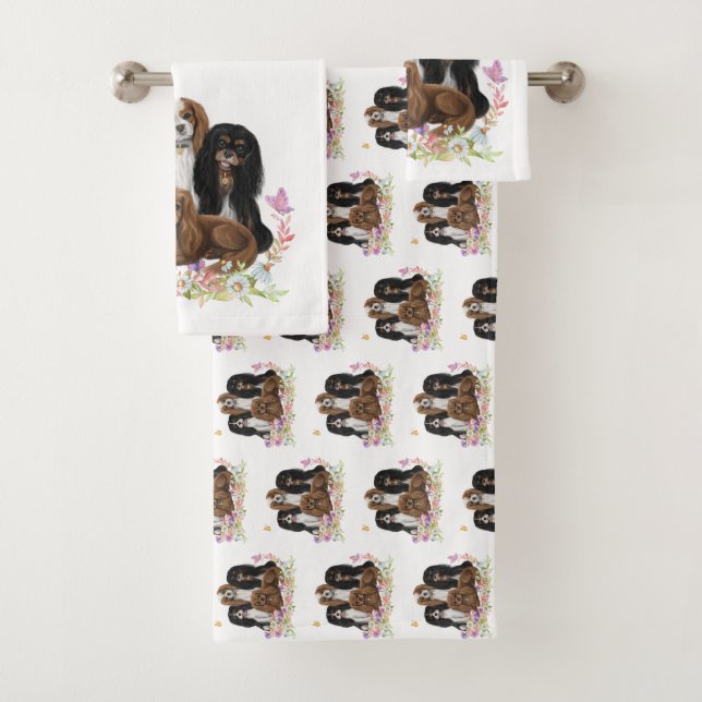 Four Cavalier King Charles Spaniels in Flowers     Bath Towel Set (Insitu)