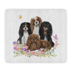 Four Cavalier King Charles Spaniels in Flowers Cutting Board