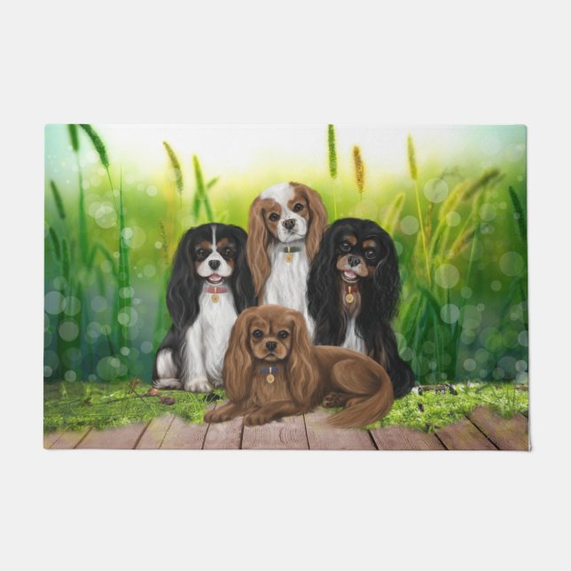 Four Cavalier King Charles Spaniels in Flowers  Do Doormat (Front)