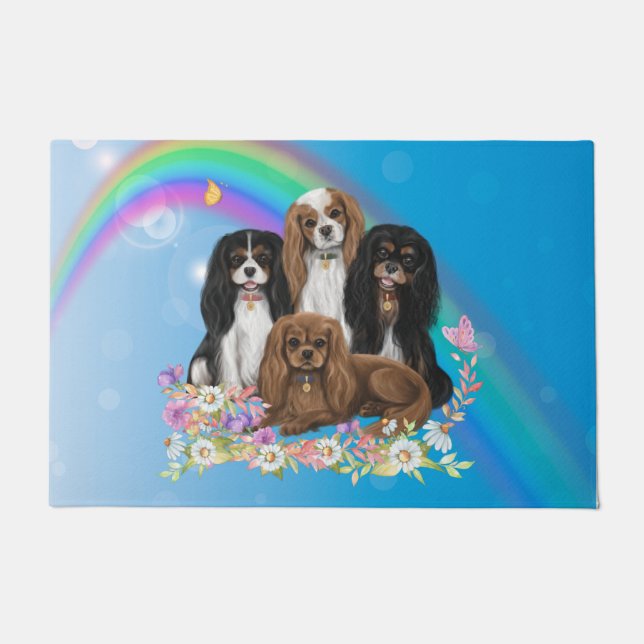 Four Cavalier King Charles Spaniels in Flowers  Doormat (Front)