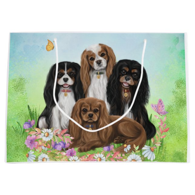 Four Cavalier King Charles Spaniels in Flowers  Large Gift Bag (Front)