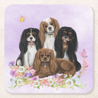 Four Cavalier King Charles Spaniels in Flowers  Square Paper Coaster
