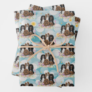 Four Cavalier King Charles Spaniels in Flowers  Wrapping Paper Sheet