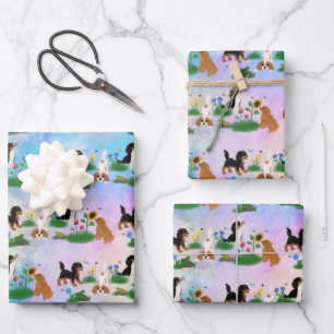 Four Cavalier Spaniels in a Field of Flowers Wrapping Paper Sheet