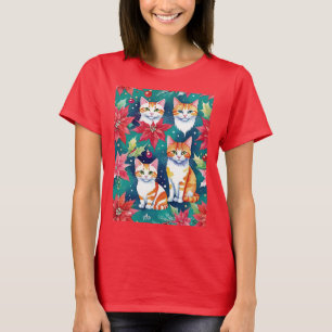 Four Christmas Tabby Cats With Poinsettias T-Shirt