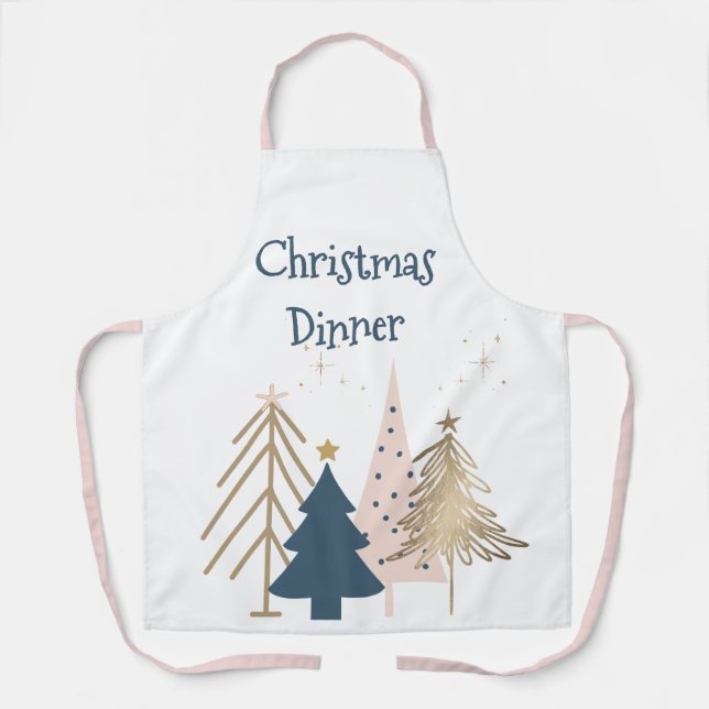 Four Christmas Trees in Green & Gold Named Apron (Front)