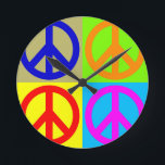 Four Colour Pop Art Peace Sign Round Clock<br><div class="desc">Popular and Historical Symbols - Peace Sign Symbol Digital Pop Art Work</div>