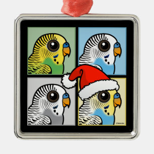 Four Colour Xmas Budgies Metal Ornament