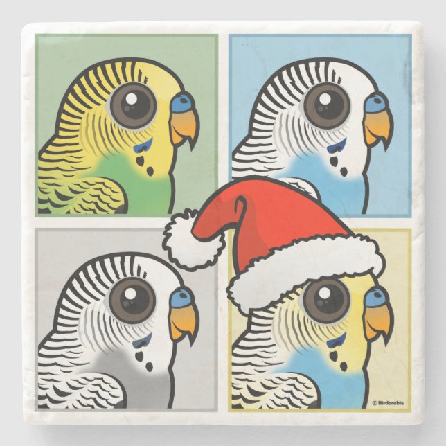 Four Colour Xmas Budgies Stone Coaster (Front)