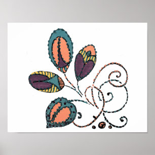 Four Colourful Leaves and Curling Vines Poster