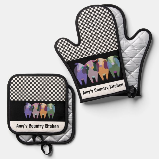 Four Cows Design Oven Mitt & Pot Holder Set (Front/Back)