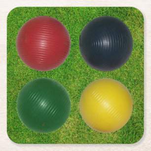 Four Croquet Balls, Four Colours, Grass Background Square Paper Coaster